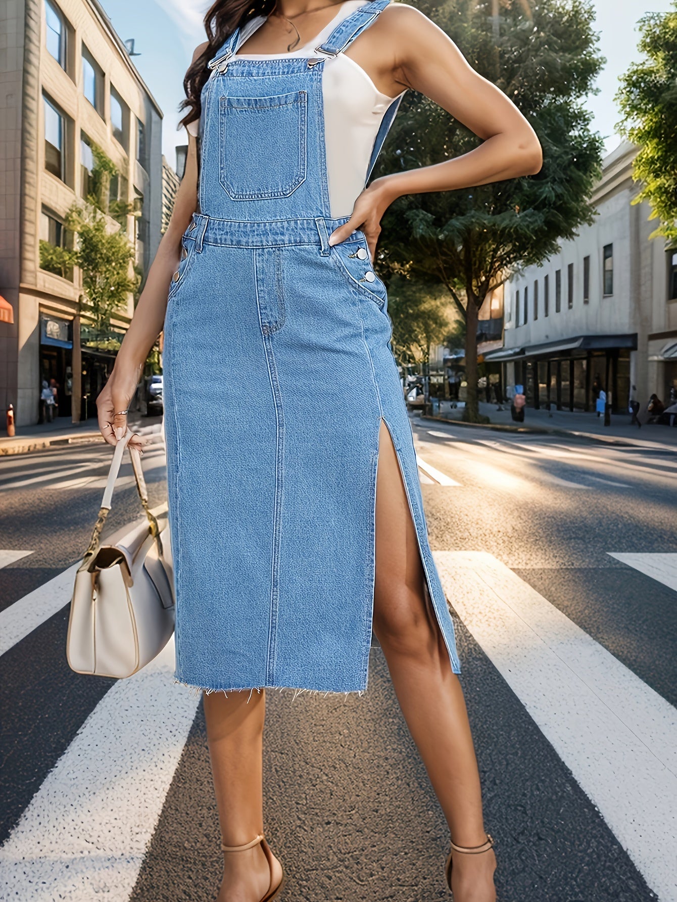 Street Trend Women's Denim Strap Skirt - Sleeveless Side Slit Summer Skater Skirt, Machine Washable Casual Streetwear Outfit with Denim Fabric, Denim Skirt